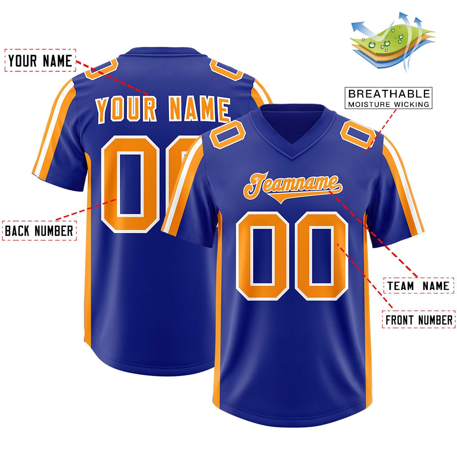 Custom Royal Gold Orange and White Side Stripe Pattern Authentic Football Jersey