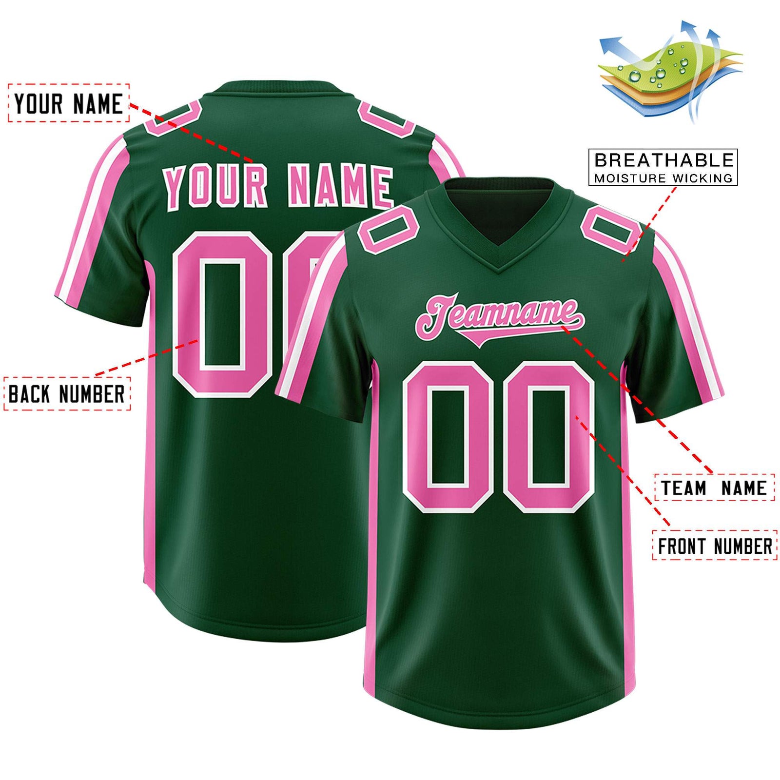 Custom Green Pink and White Side Stripe Pattern Authentic Football Jersey