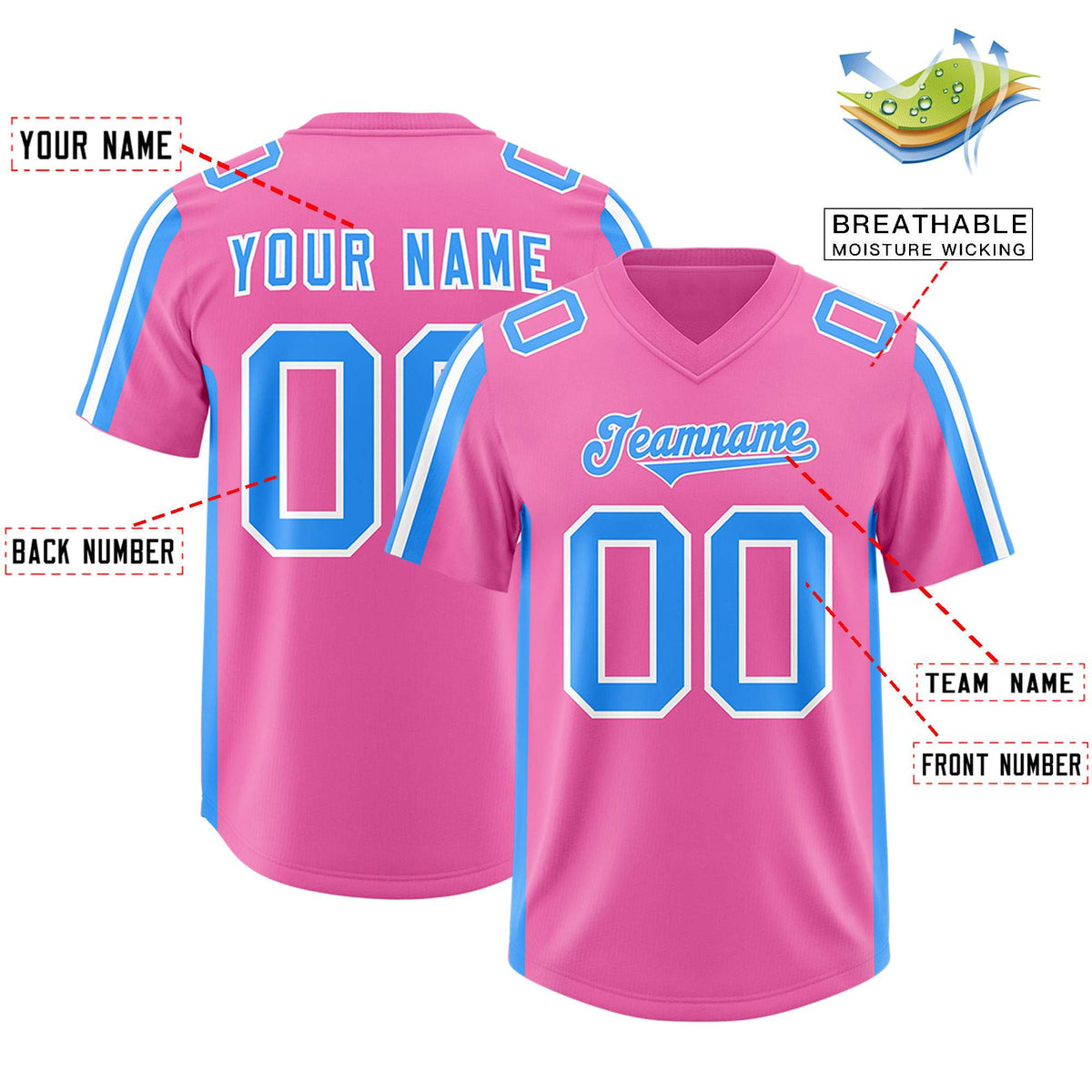 Custom Pink Light Blue and White Side Stripe Pattern Authentic Football Jersey