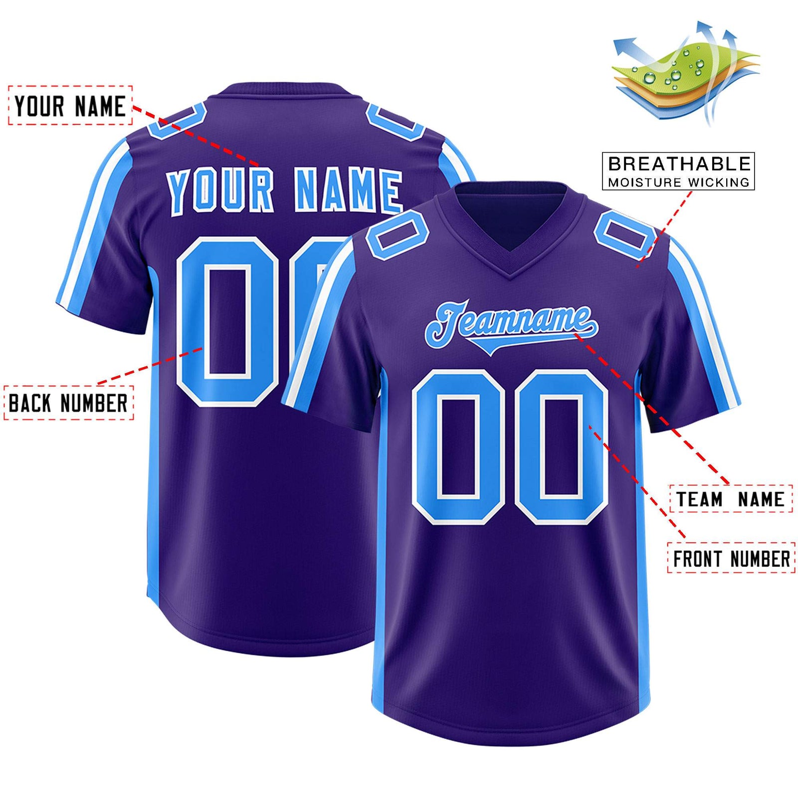 Custom Purple Light Blue and White Side Stripe Pattern Authentic Football Jersey