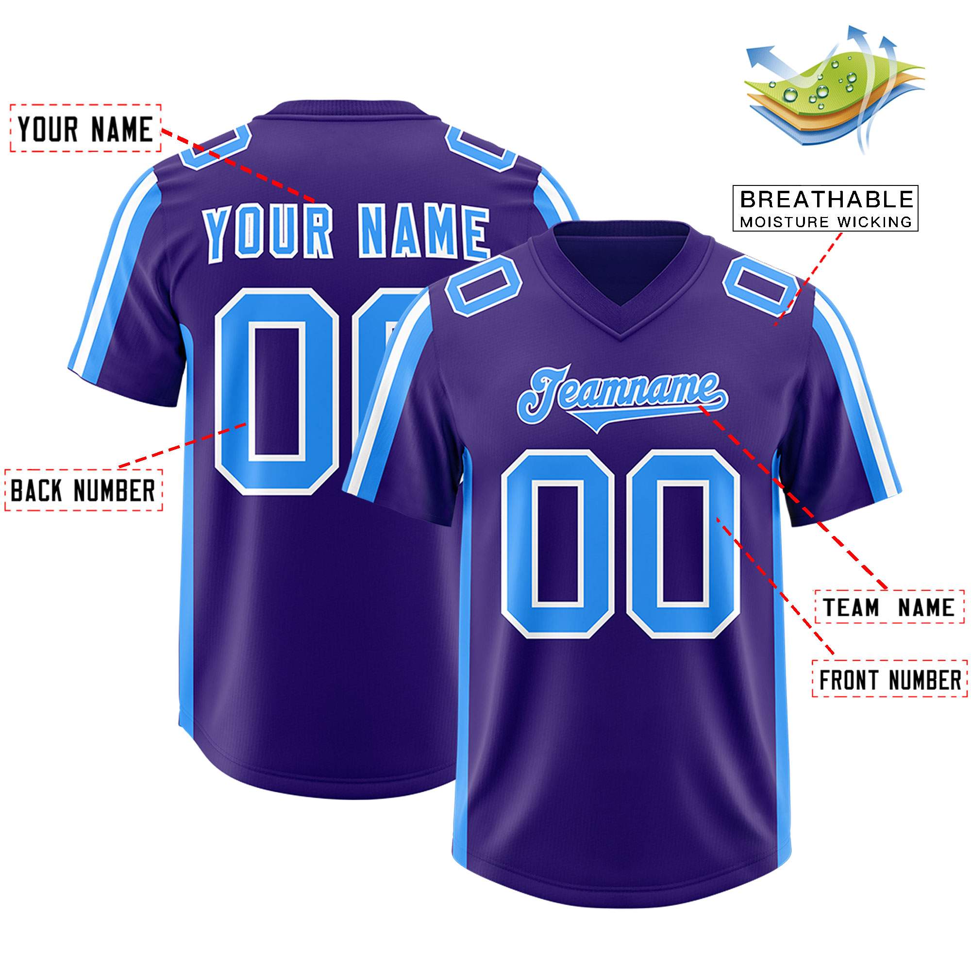 Custom Purple Light Blue and White Side Stripe Pattern Authentic Football Jersey