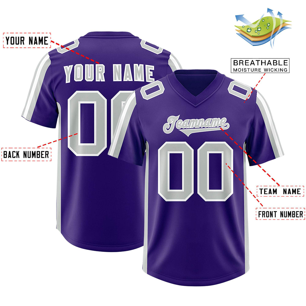 Custom Purple Gray and White Side Stripe Pattern Authentic Football Jersey