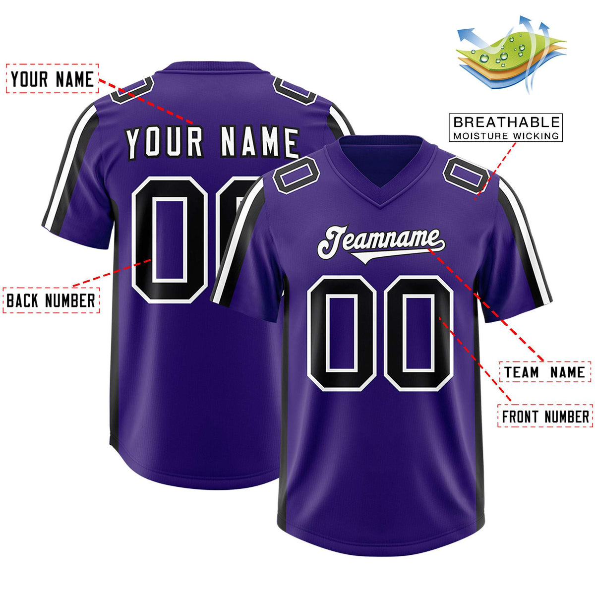 Custom Purple Black and White Side Stripe Pattern Authentic Football Jersey