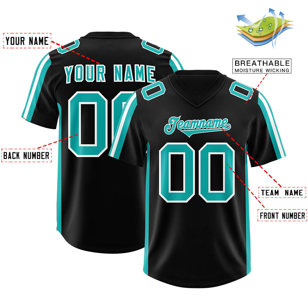 Custom Black Aqua and White Side Stripe Pattern Authentic Football Jersey