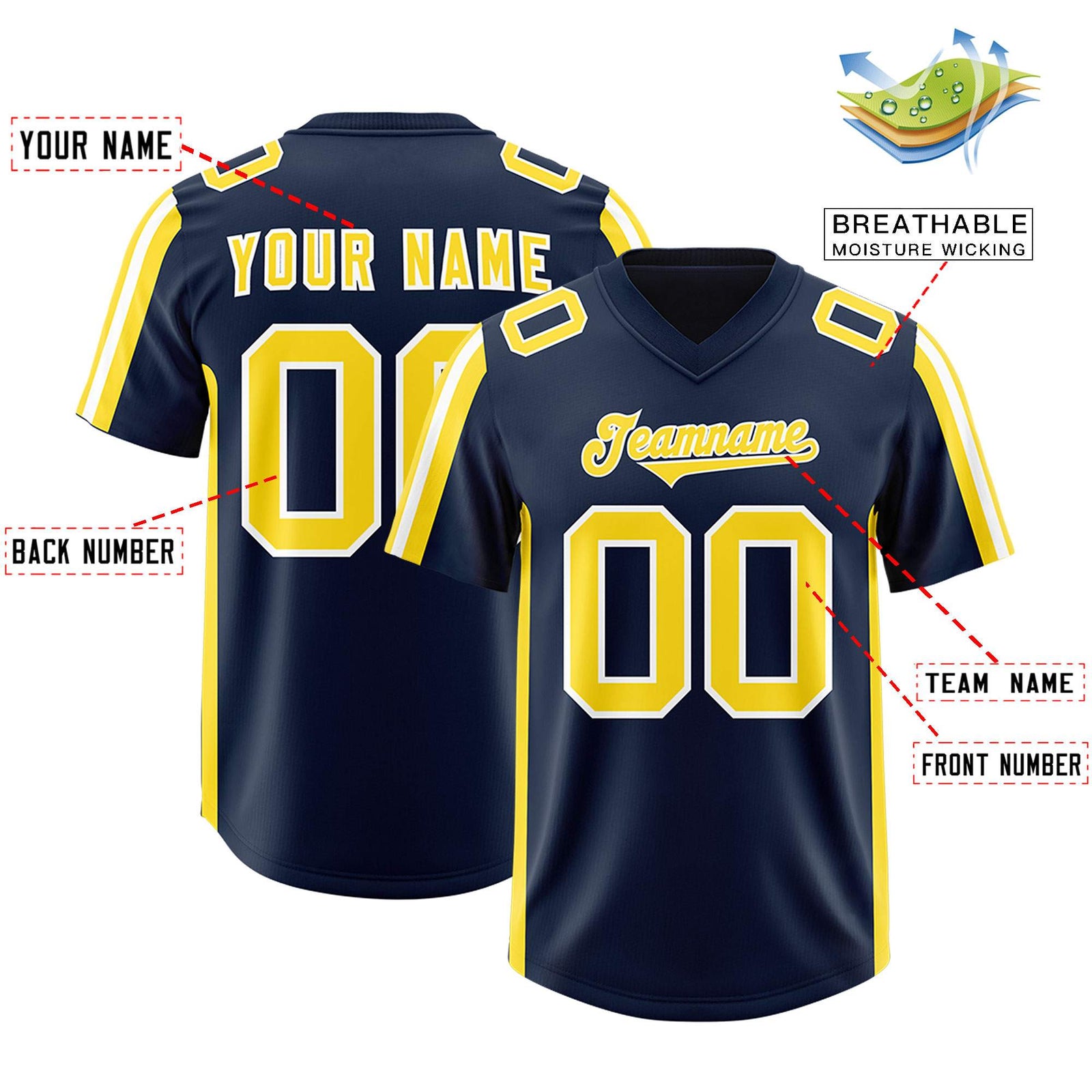 Custom Navy Gold and White Side Stripe Pattern Authentic Football Jersey