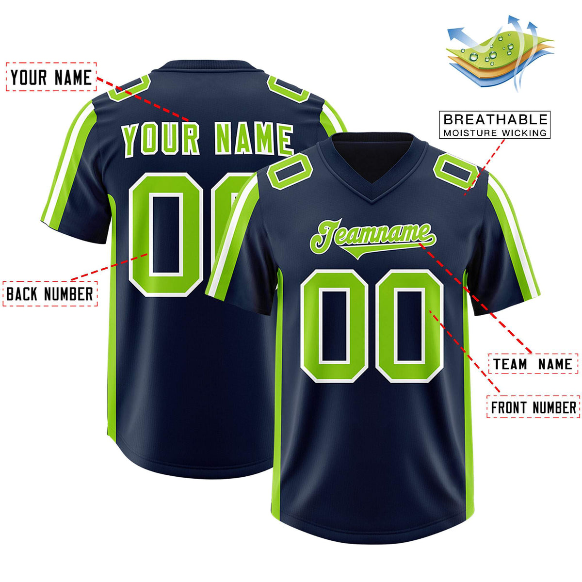 Custom Navy Neon Green and White Side Stripe Pattern Authentic Football Jersey