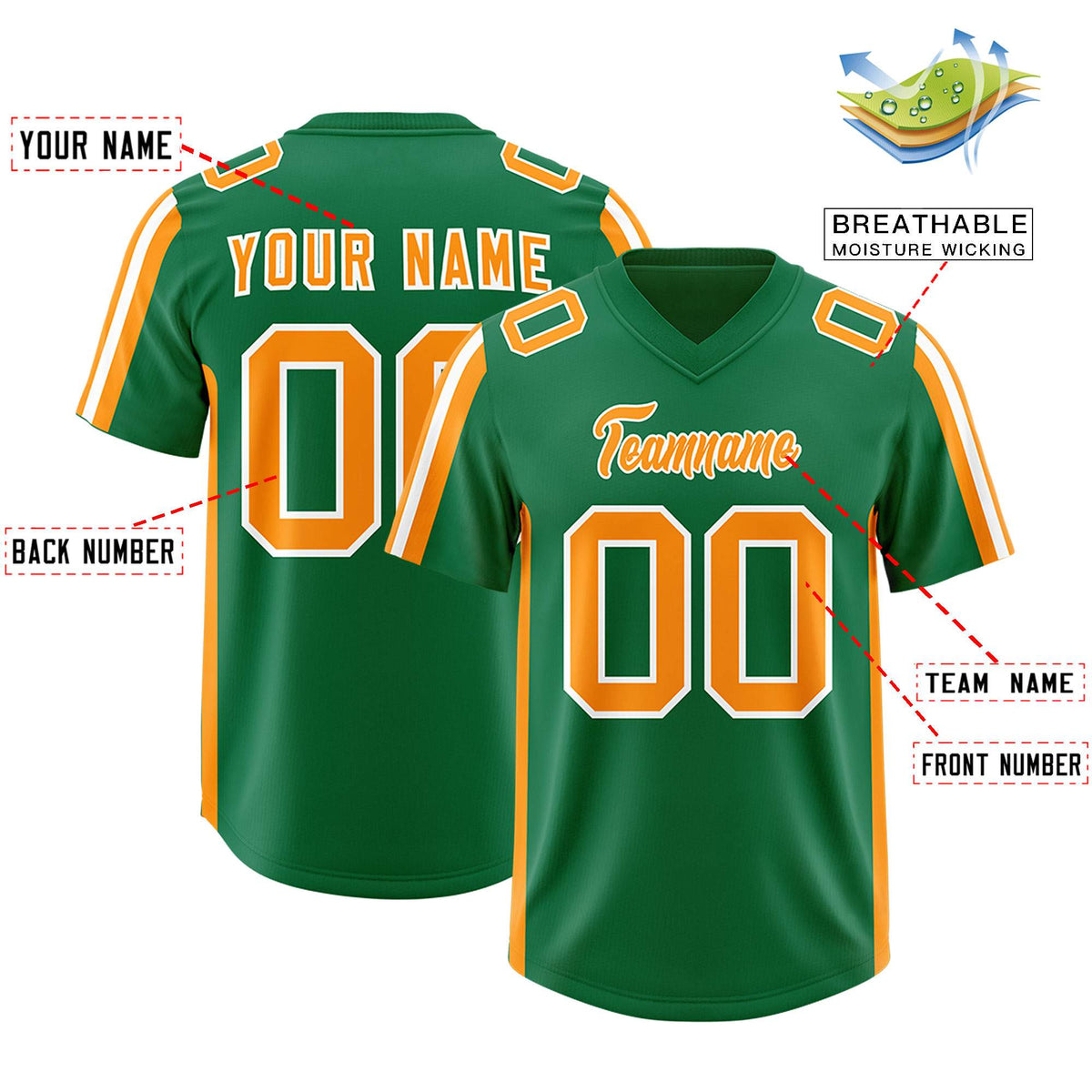 Custom Kelly Green Gold Orange and White Side Stripe Pattern Authentic Football Jersey