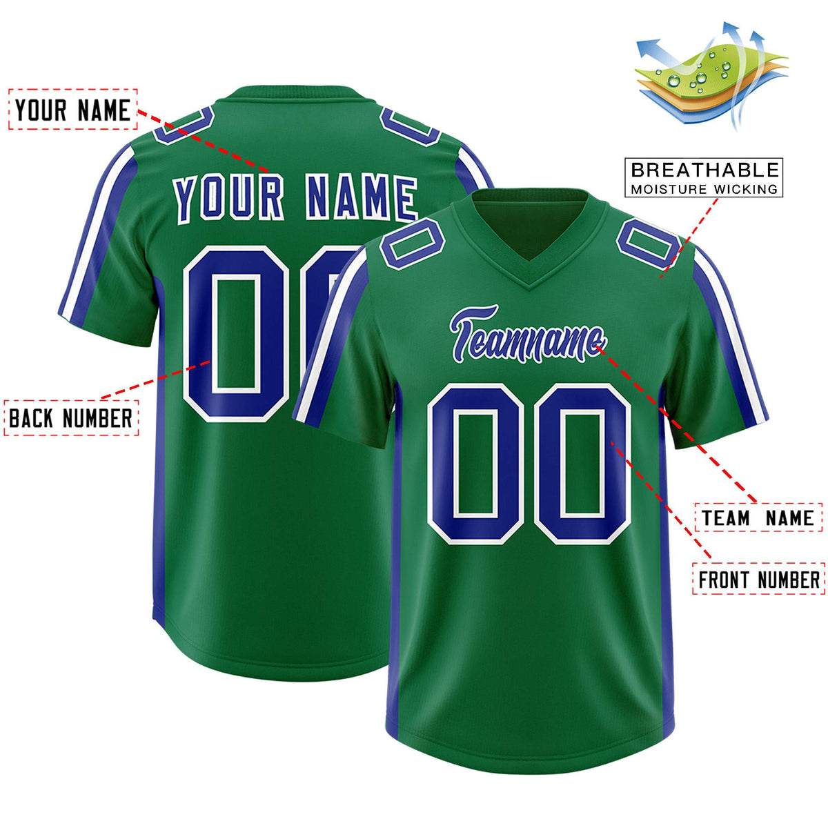 Custom Kelly Green Royal and White Side Stripe Pattern Authentic Football Jersey