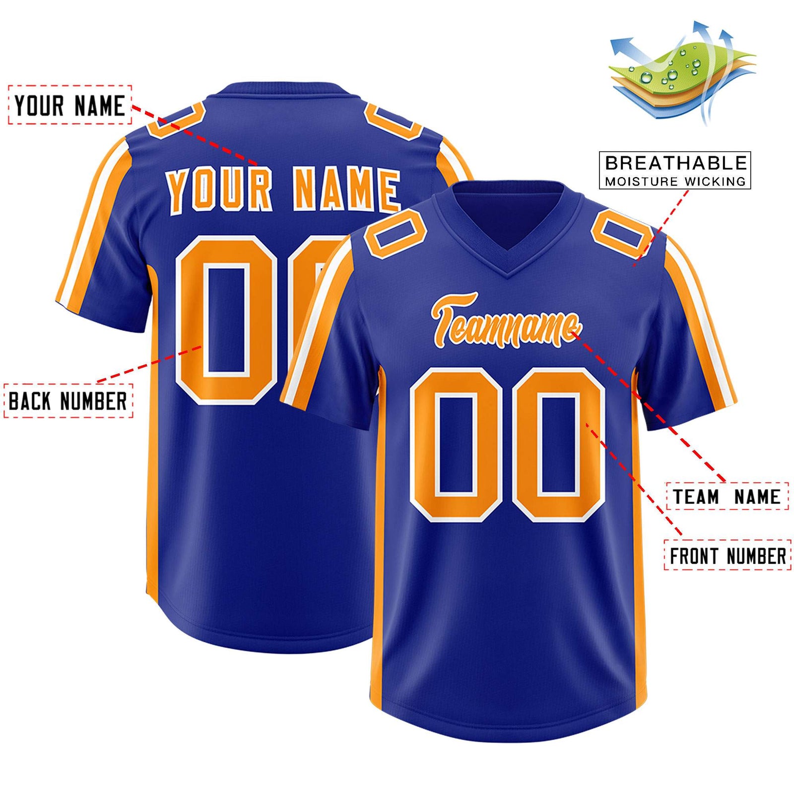 Custom Royal Gold Orange and White Side Stripe Pattern Authentic Football Jersey
