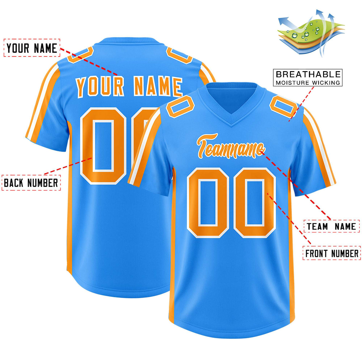 Custom Light Blue Orange and White Side Stripe Pattern Authentic Football Jersey