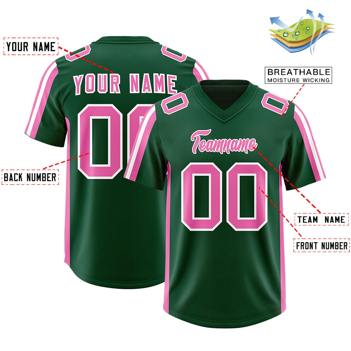 Custom Green Pink and White Side Stripe Pattern Authentic Football Jersey