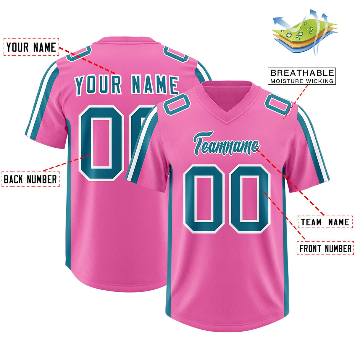 Custom Pink Aqua and White Side Stripe Pattern Authentic Football Jersey