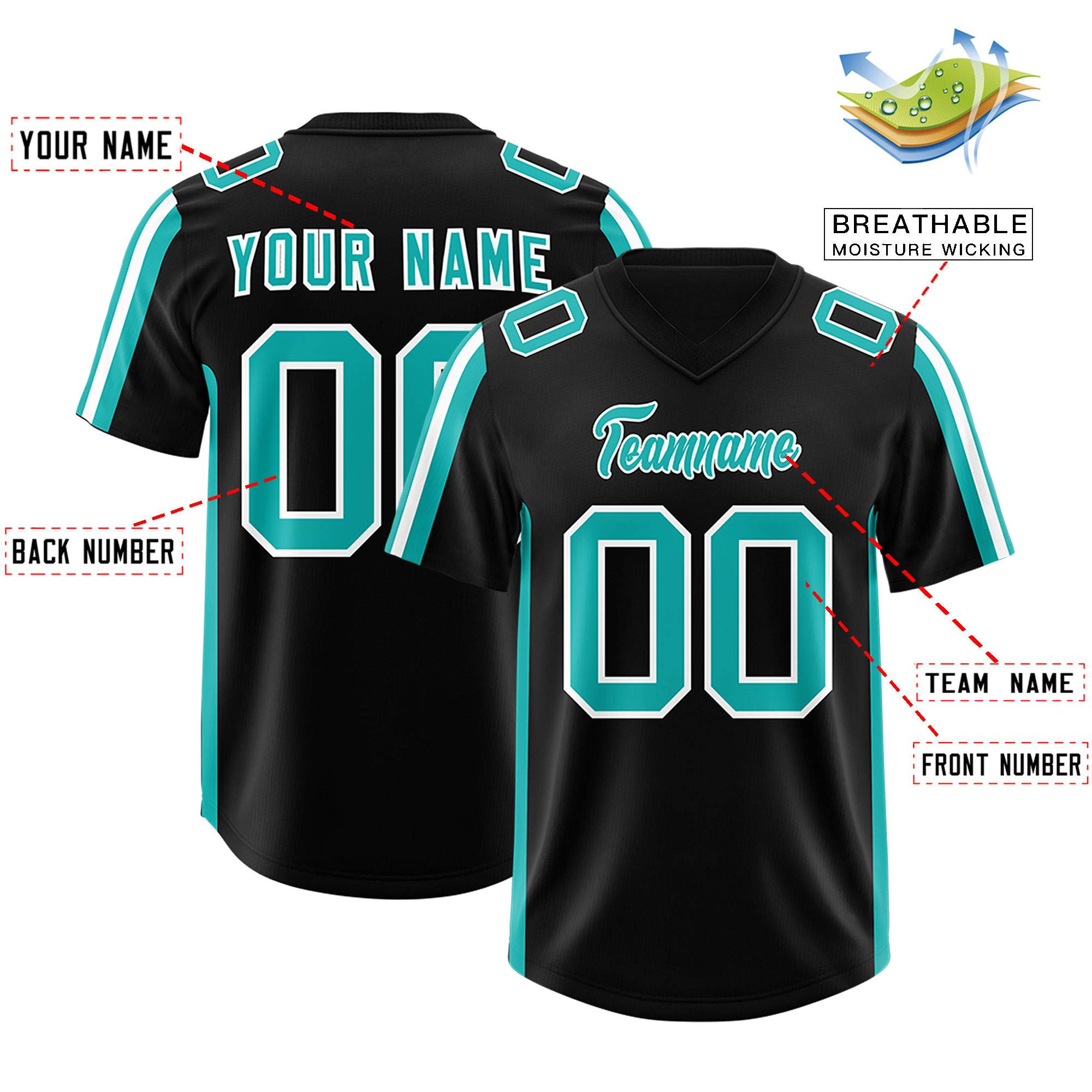 Custom Black Aqua and White Side Stripe Pattern Authentic Football Jersey