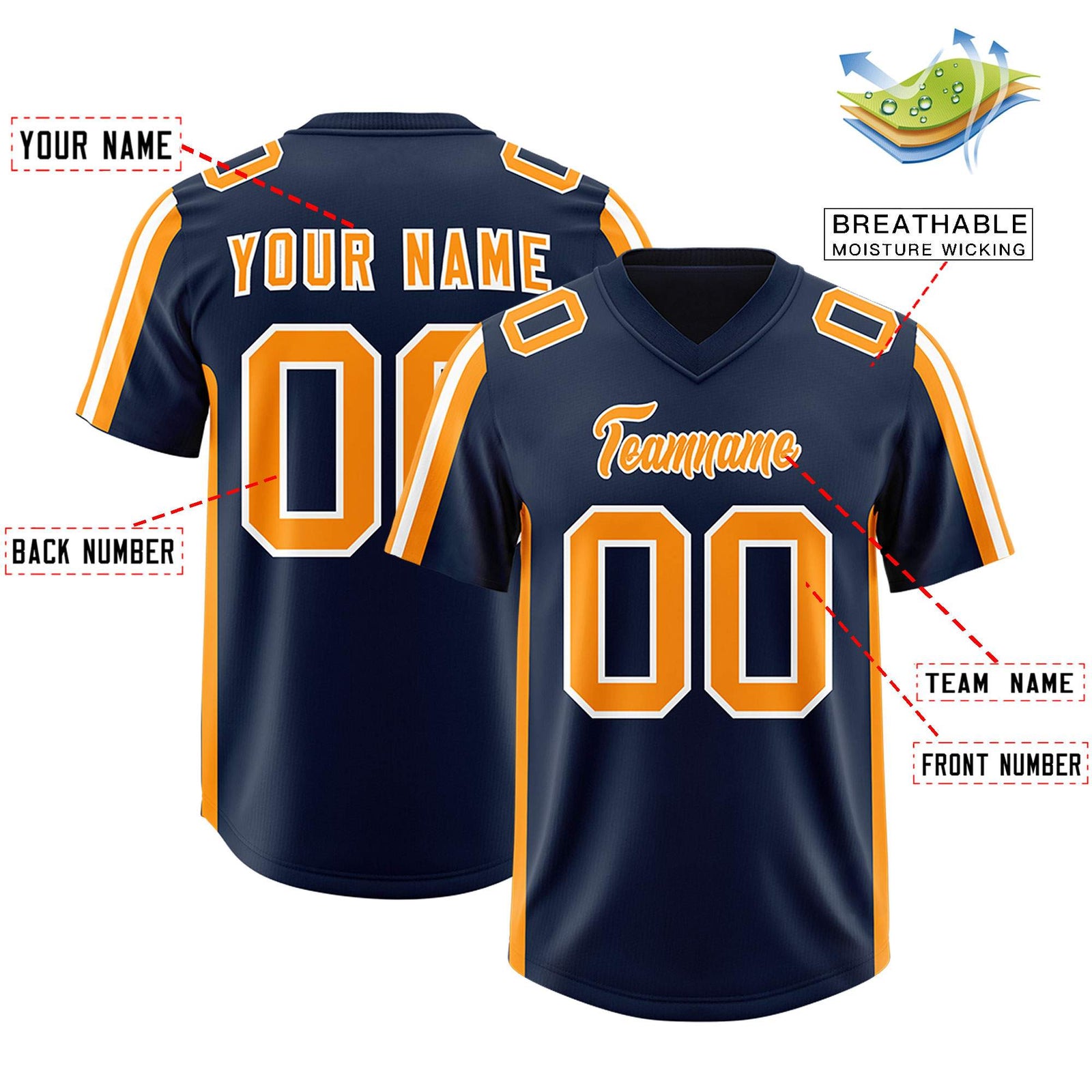 Custom Navy Orange and White Side Stripe Pattern Authentic Football Jersey