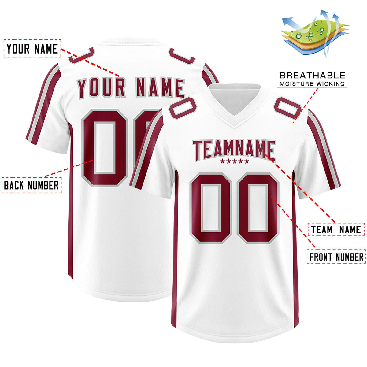 Custom White Crimson and Gray Side Stripe Pattern Authentic Football Jersey