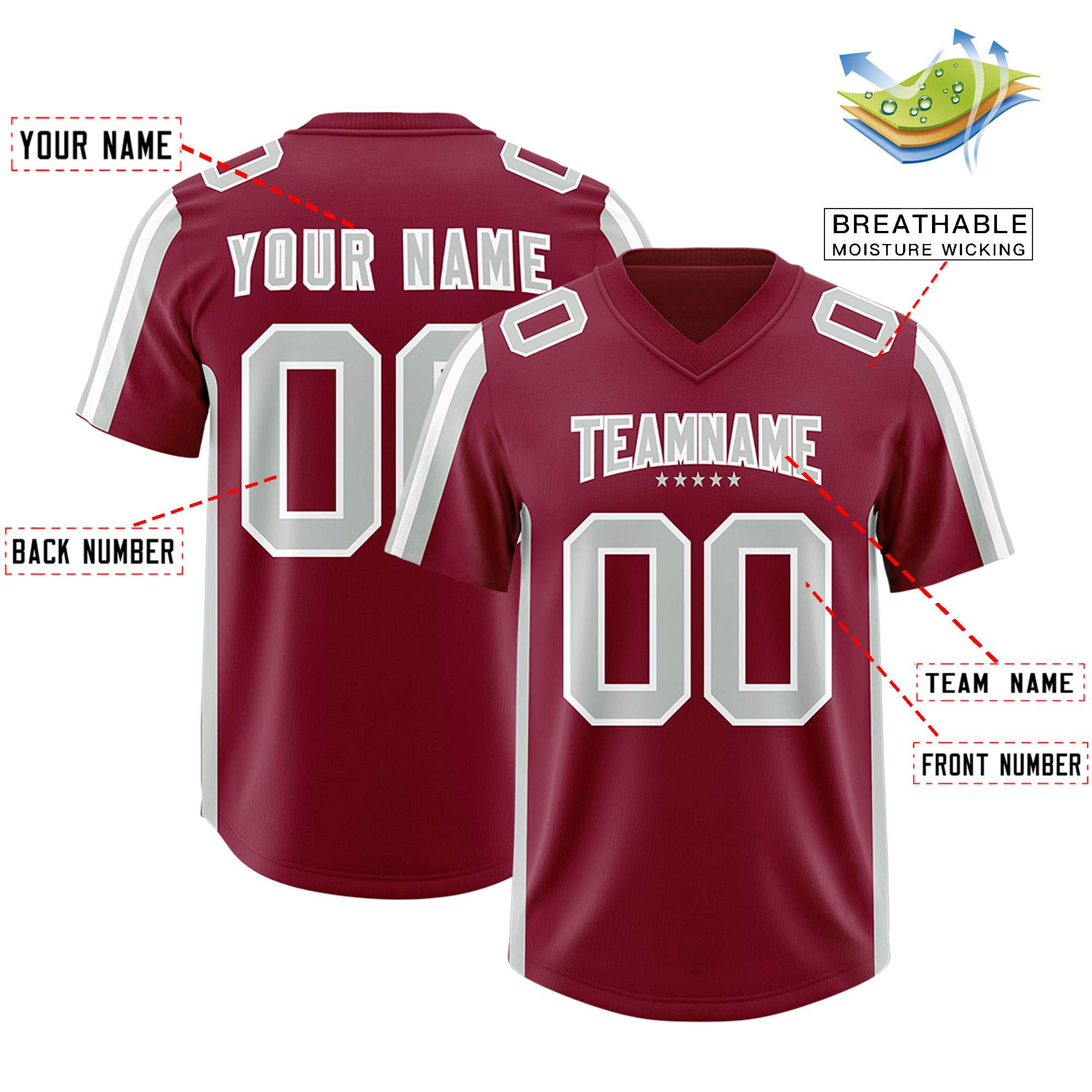 Custom Cardinal Gray and White Side Stripe Pattern Authentic Football Jersey