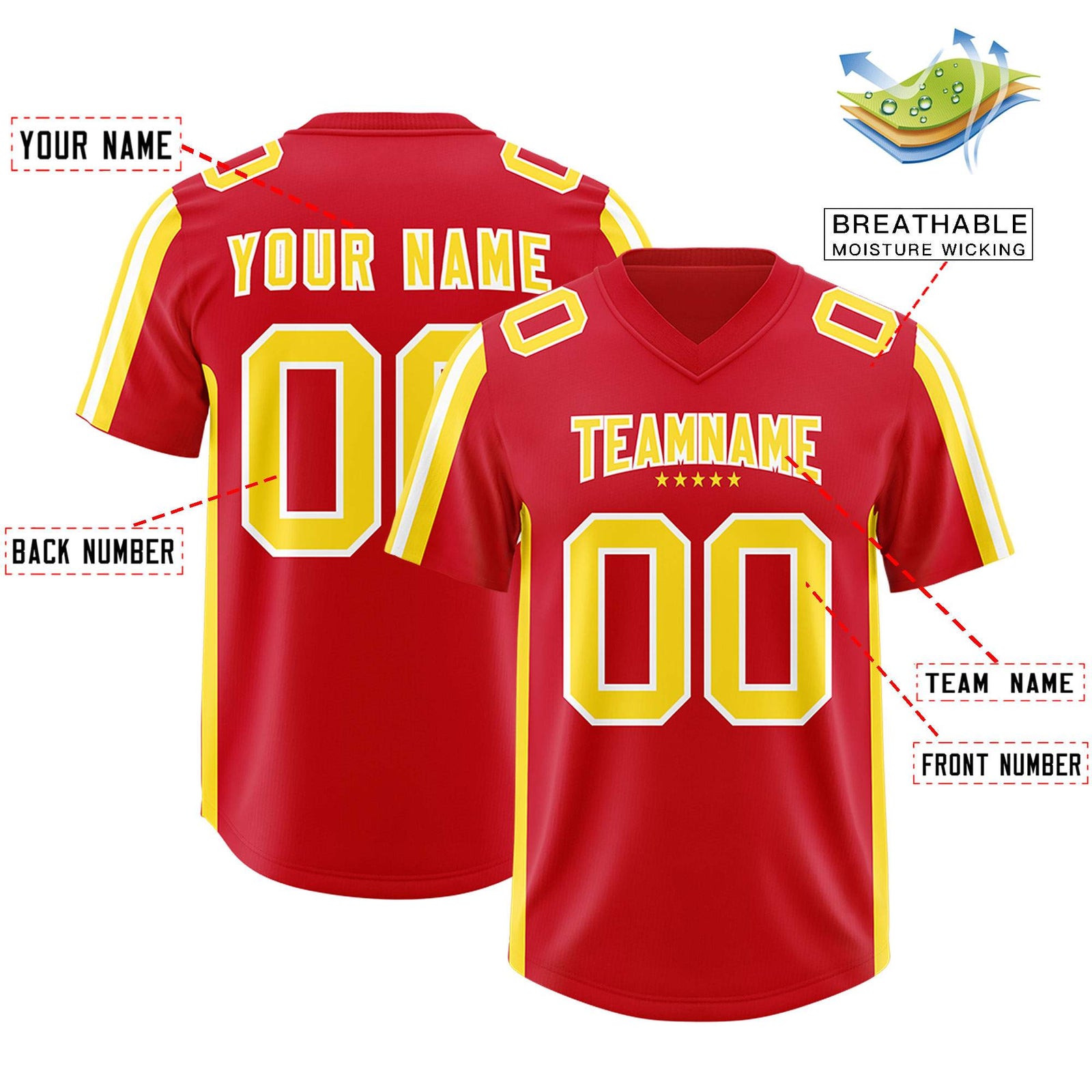 Custom Red Gold and White Side Stripe Pattern Authentic Football Jersey