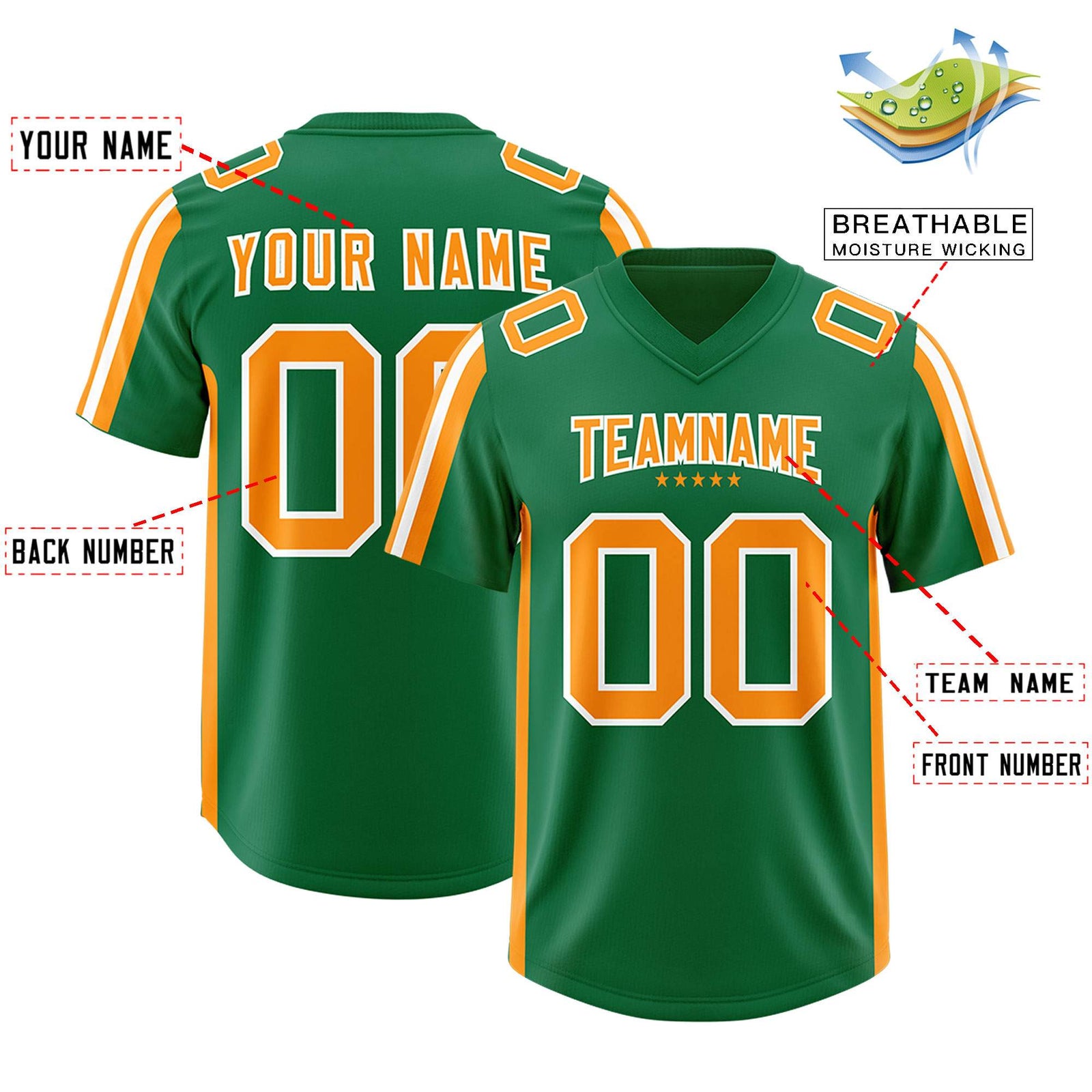 Custom Kelly Green Gold Orange and White Side Stripe Pattern Authentic Football Jersey