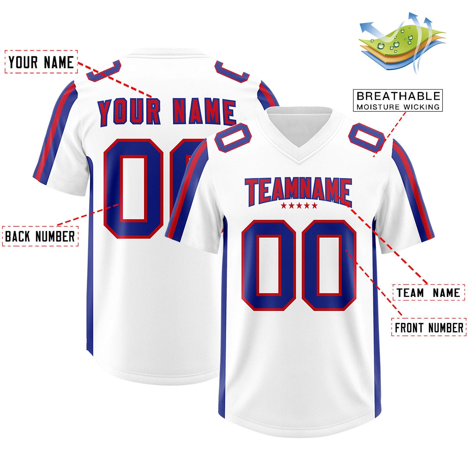 Custom White Royal and Red Side Stripe Pattern Authentic Football Jersey