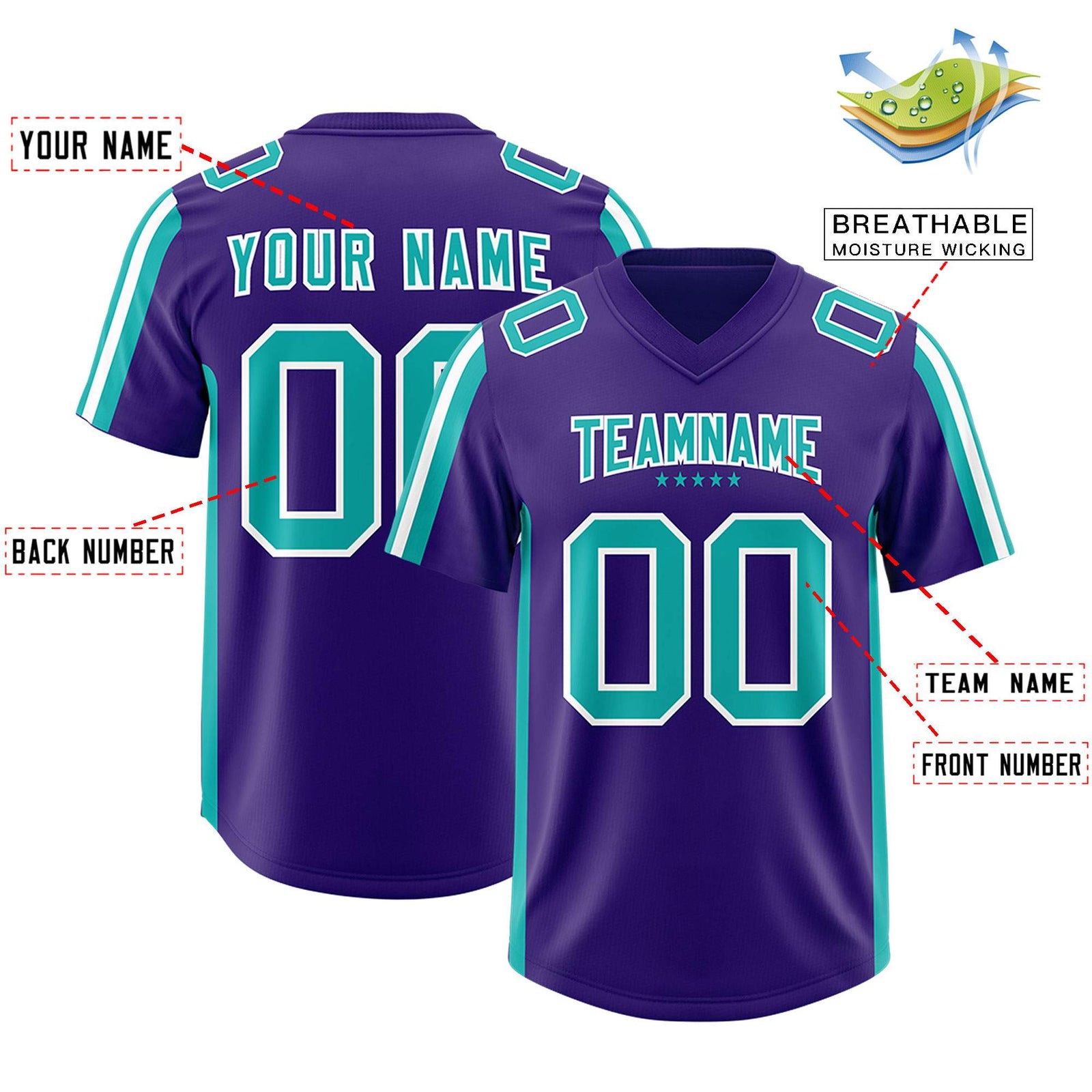 Custom Purple Aqua and White Side Stripe Pattern Authentic Football Jersey