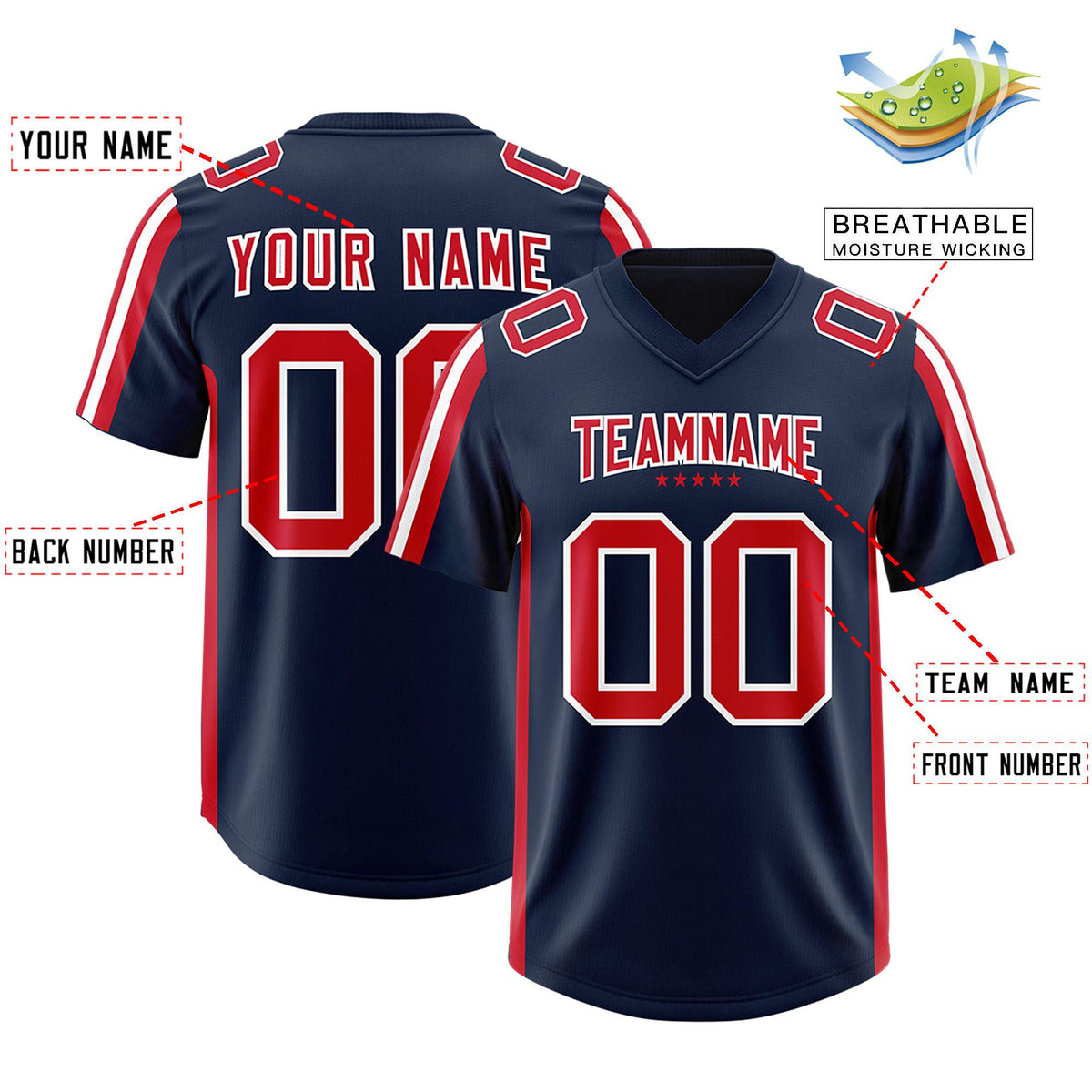 Custom Navy Red and White Side Stripe Pattern Authentic Football Jersey