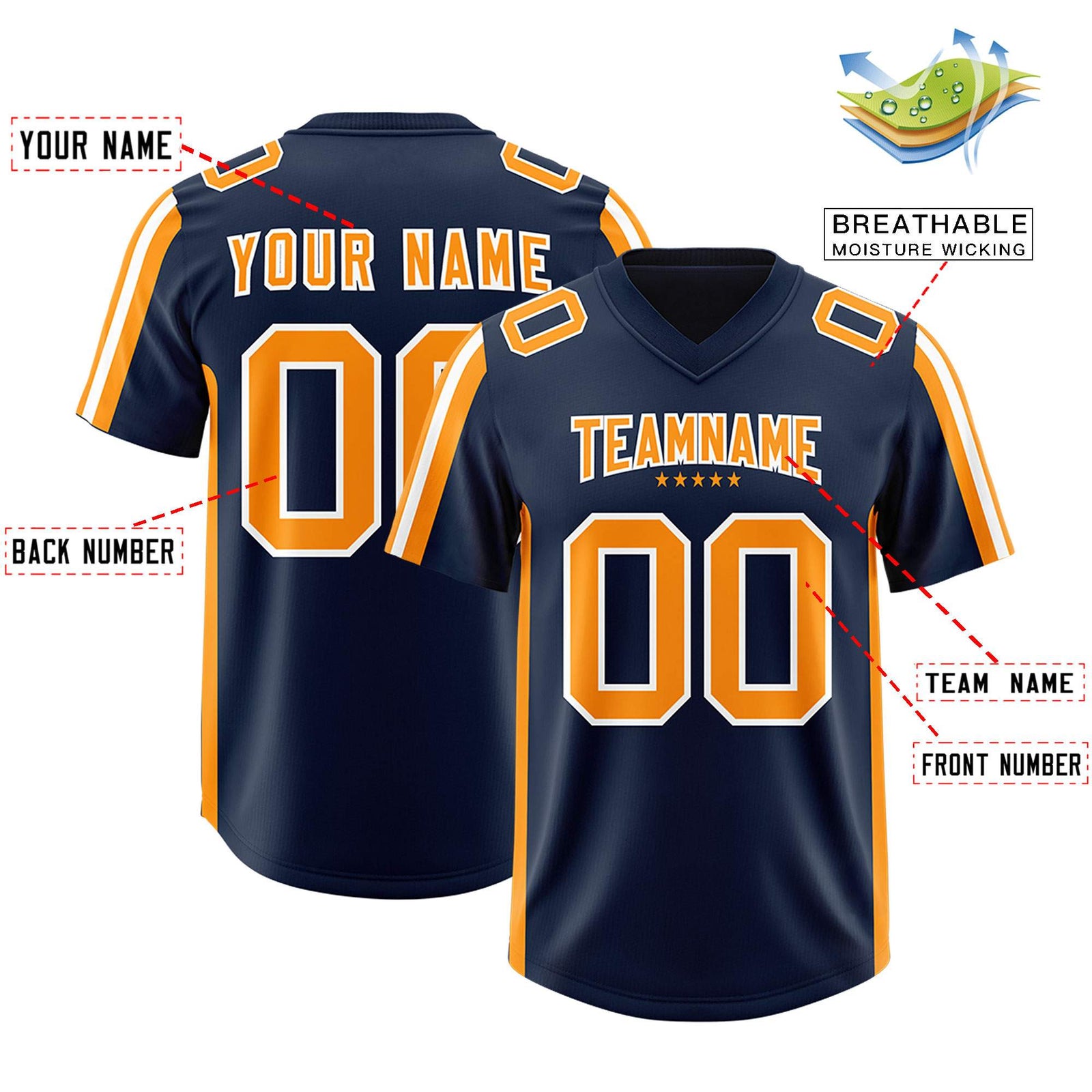 Custom Navy Orange and White Side Stripe Pattern Authentic Football Jersey