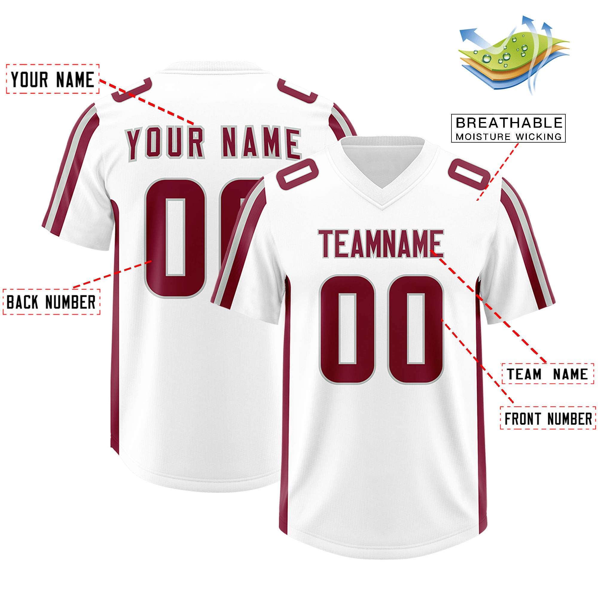 Custom White Crimson and Gray Side Stripe Pattern Authentic Football Jersey