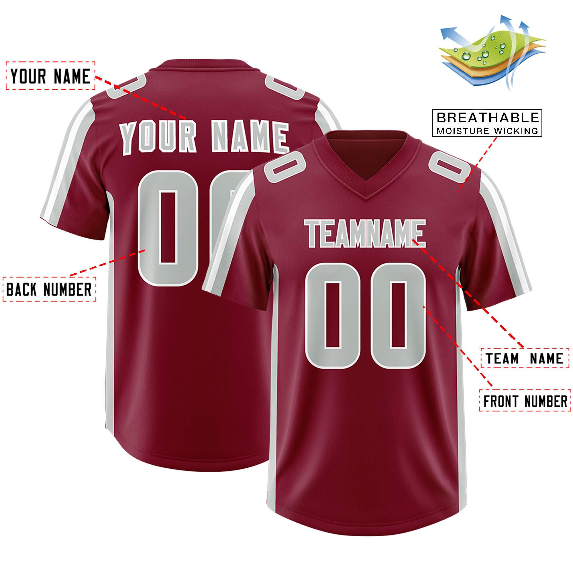 Custom Cardinal Gray and White Side Stripe Pattern Authentic Football Jersey