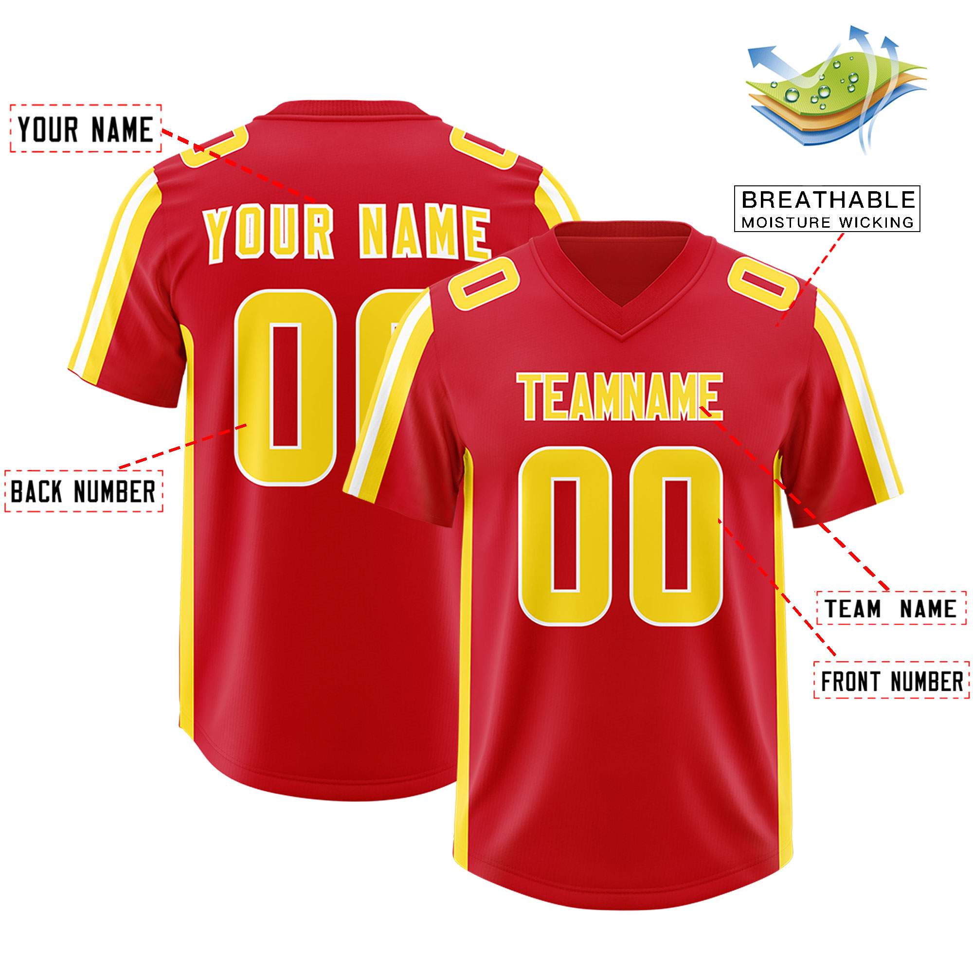 Custom Red Gold and White Side Stripe Pattern Authentic Football Jersey