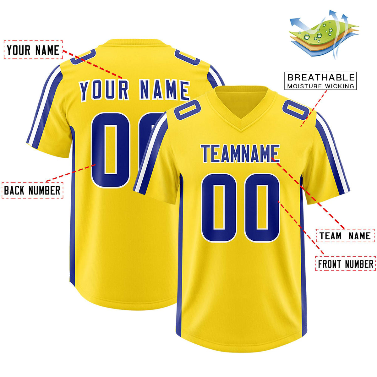 Custom Gold Royal and White Side Stripe Pattern Authentic Football Jersey