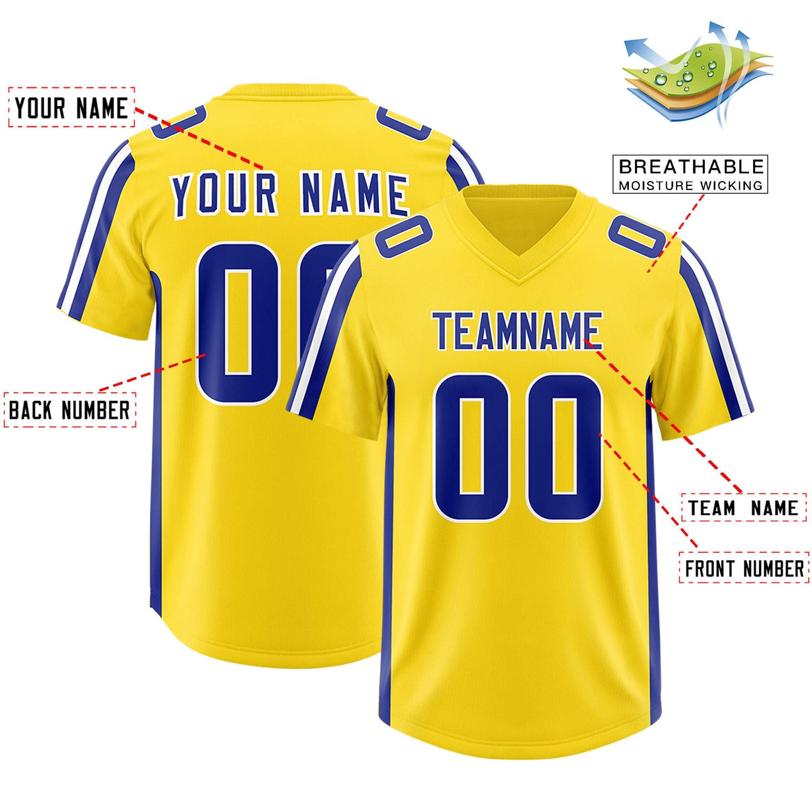 Custom Gold Royal and White Side Stripe Pattern Authentic Football Jersey