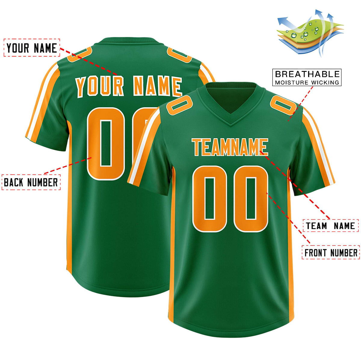 Custom Kelly Green Gold Orange and White Side Stripe Pattern Authentic Football Jersey
