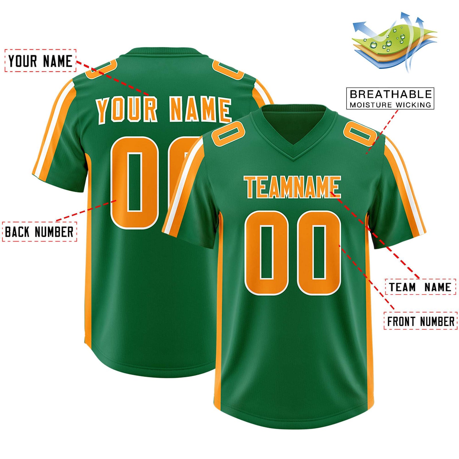 Custom Kelly Green Gold Orange and White Side Stripe Pattern Authentic Football Jersey