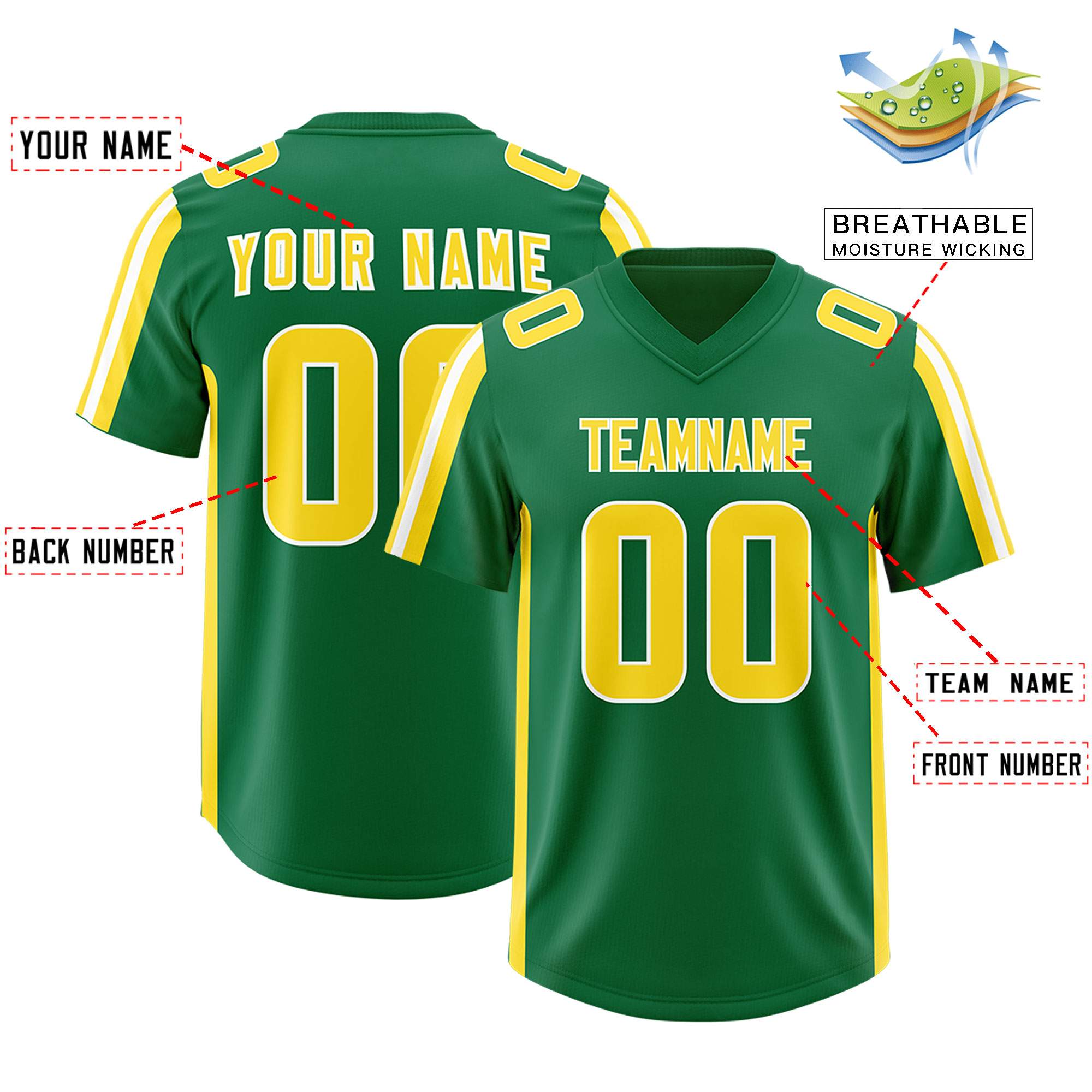 Custom Kelly Green Gold and White Side Stripe Pattern Authentic Football Jersey