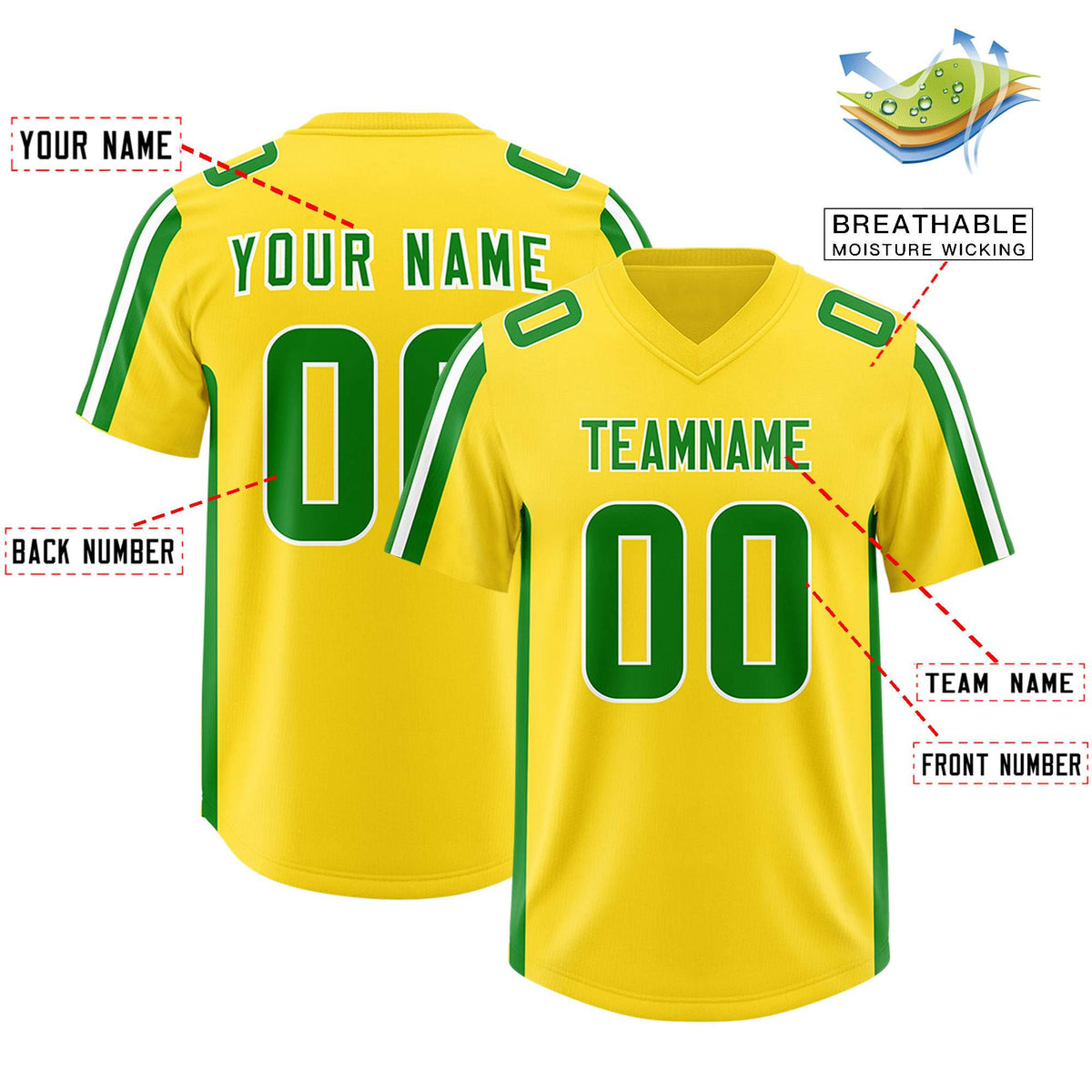 Custom Gold Kelly Green and White Side Stripe Pattern Authentic Football Jersey