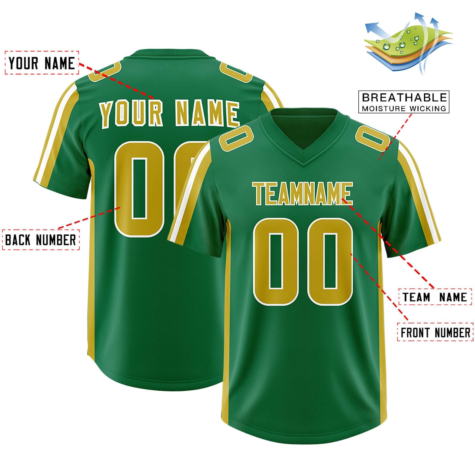 Custom Kelly Green Old Gold and White Side Stripe Pattern Authentic Football Jersey