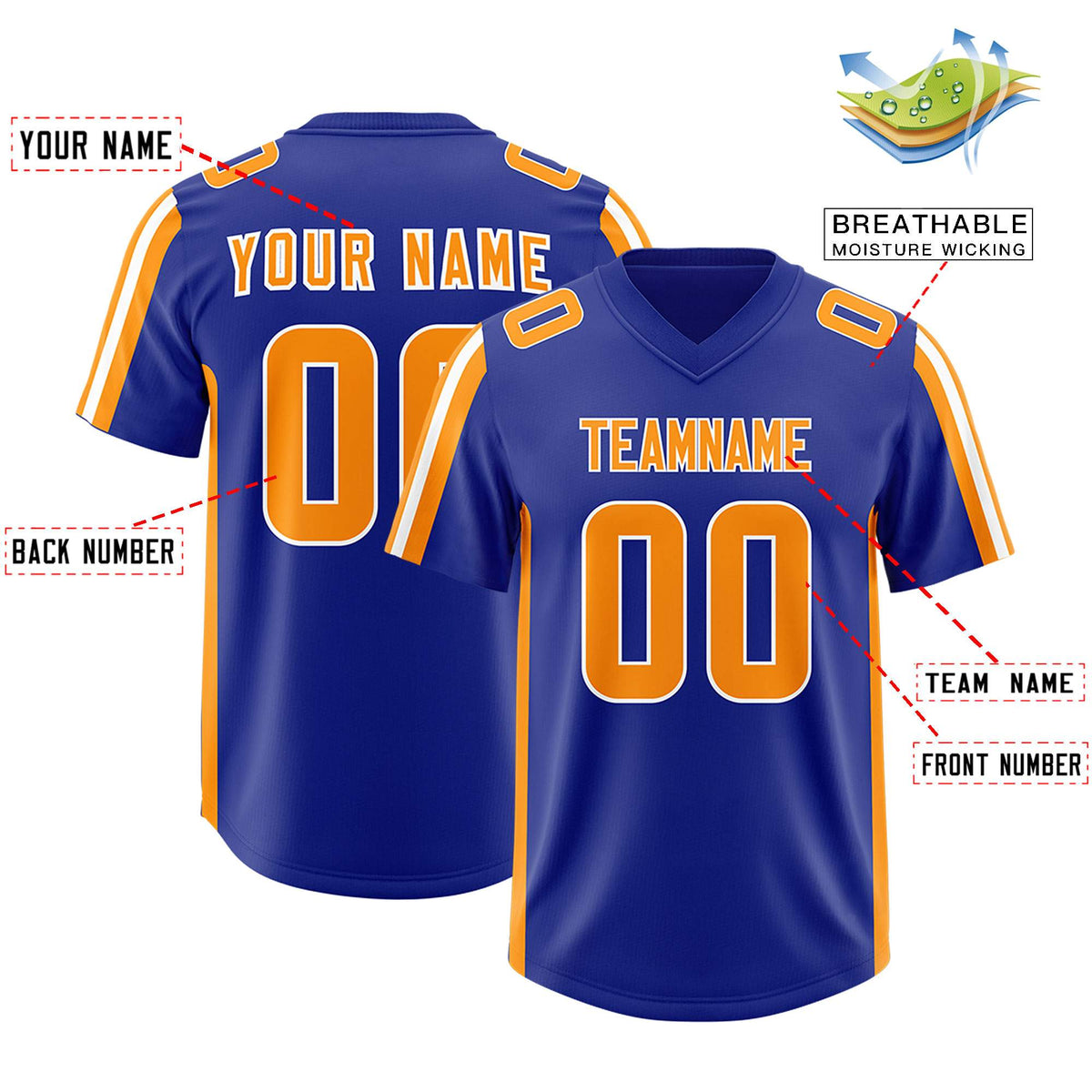 Custom Royal Gold Orange and White Side Stripe Pattern Authentic Football Jersey