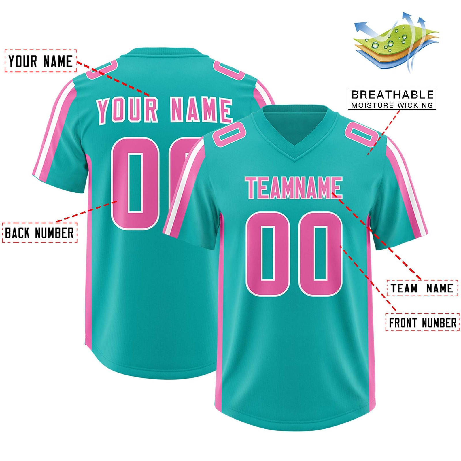 Custom Aqua Pink and White Side Stripe Pattern Authentic Football Jersey