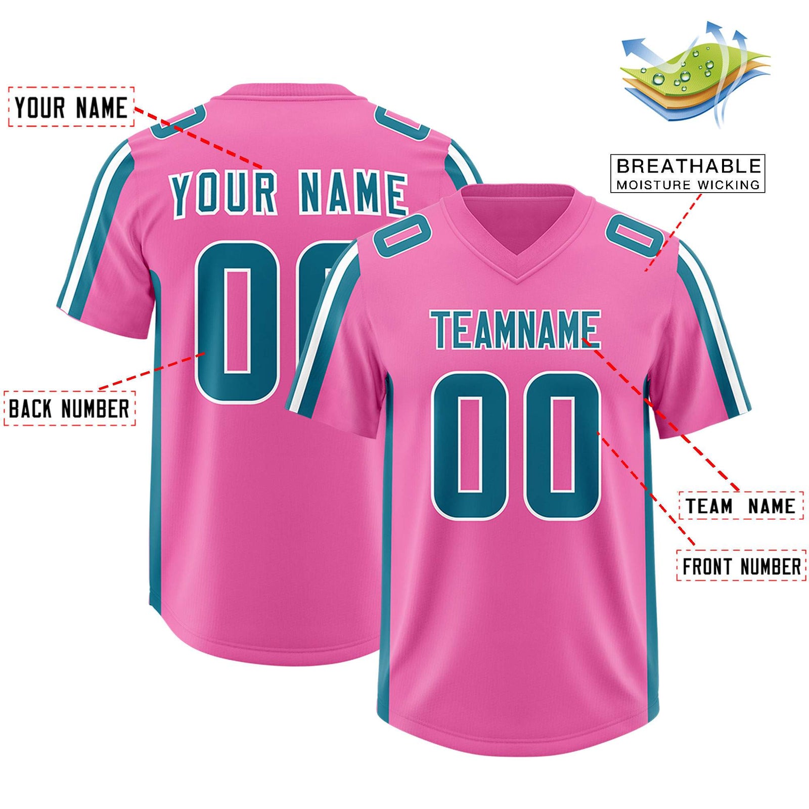 Custom Pink Aqua and White Side Stripe Pattern Authentic Football Jersey