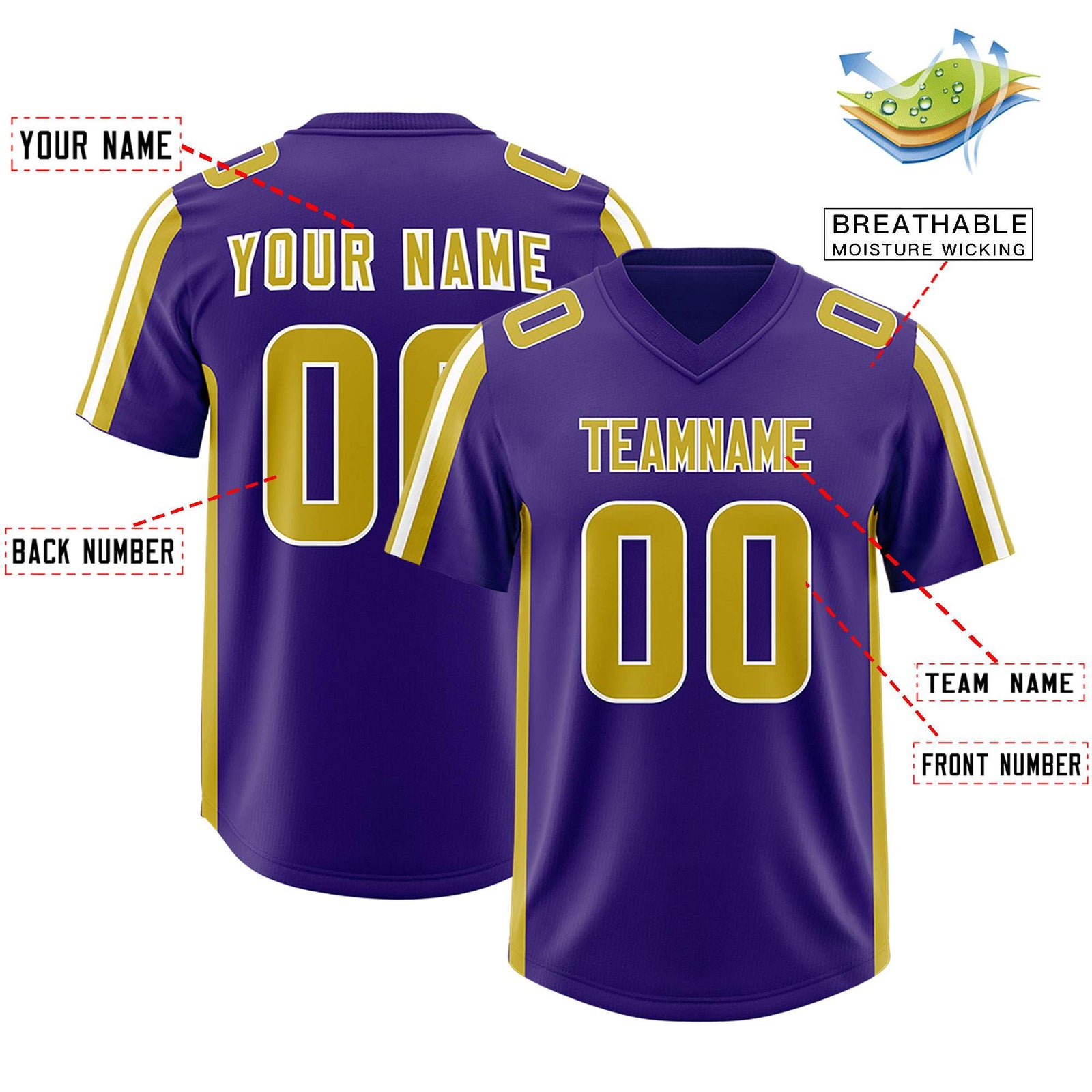Custom Purple Old Gold and White Side Stripe Pattern Authentic Football Jersey