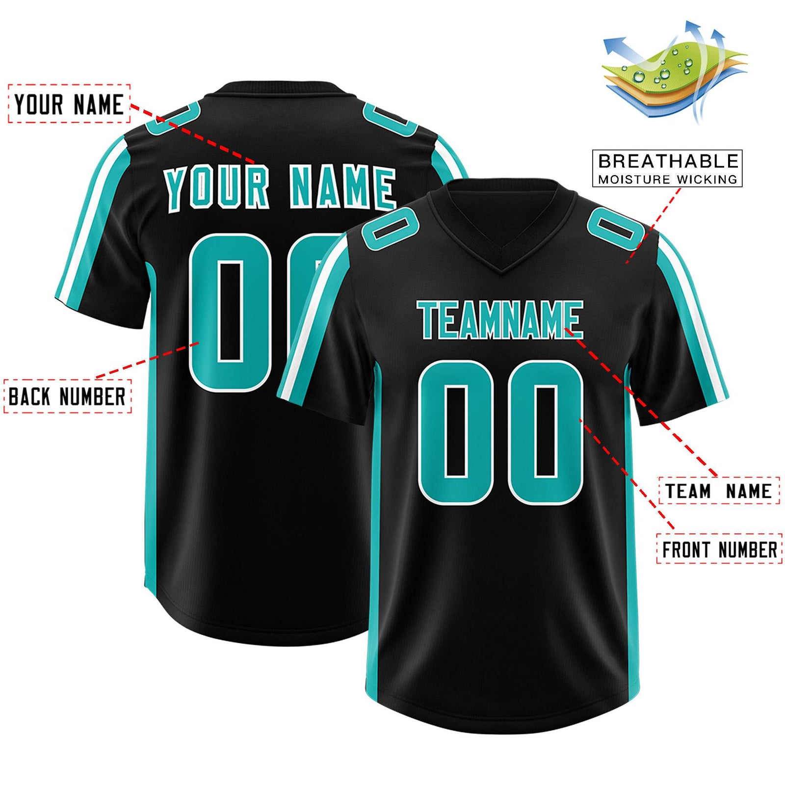Custom Black Aqua and White Side Stripe Pattern Authentic Football Jersey