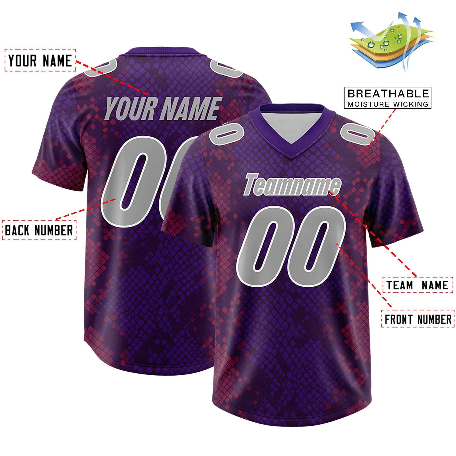 Custom Purple Personalized Snakeskin Graffiti Pattern Authentic Football Jersey