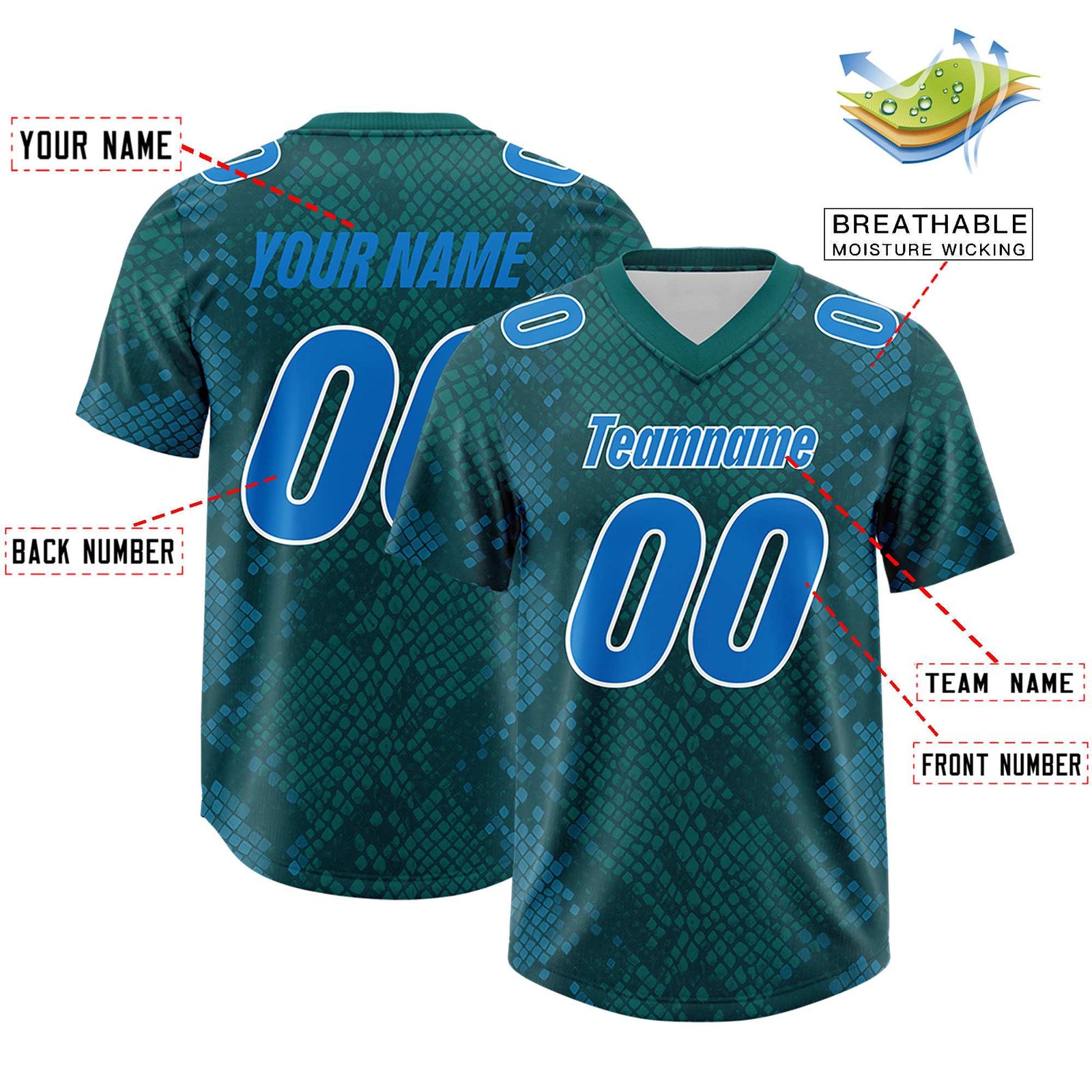 Custom Aqua Personalized Snakeskin Graffiti Pattern Authentic Football Jersey