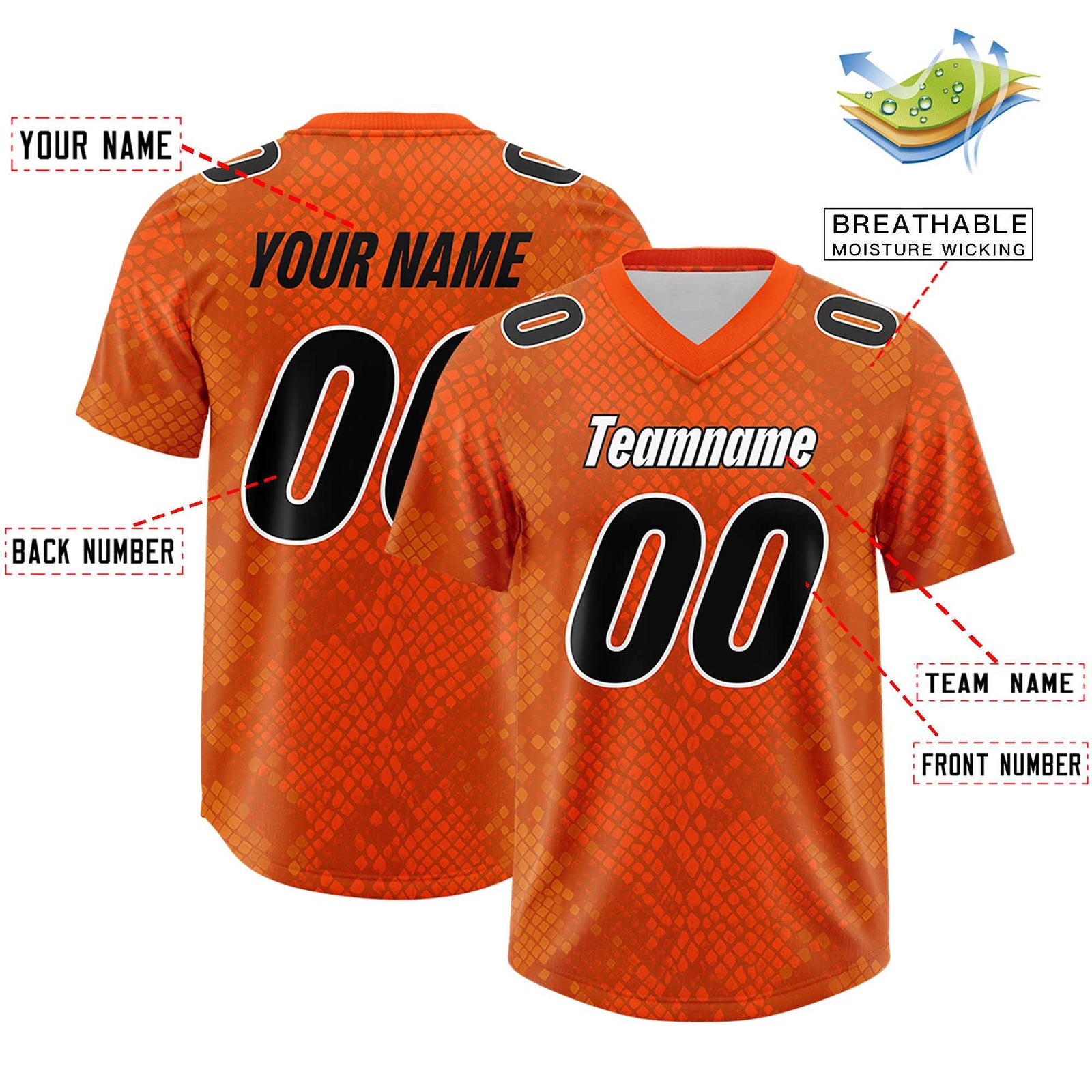 Custom Orange Personalized Snakeskin Graffiti Pattern Authentic Football Jersey