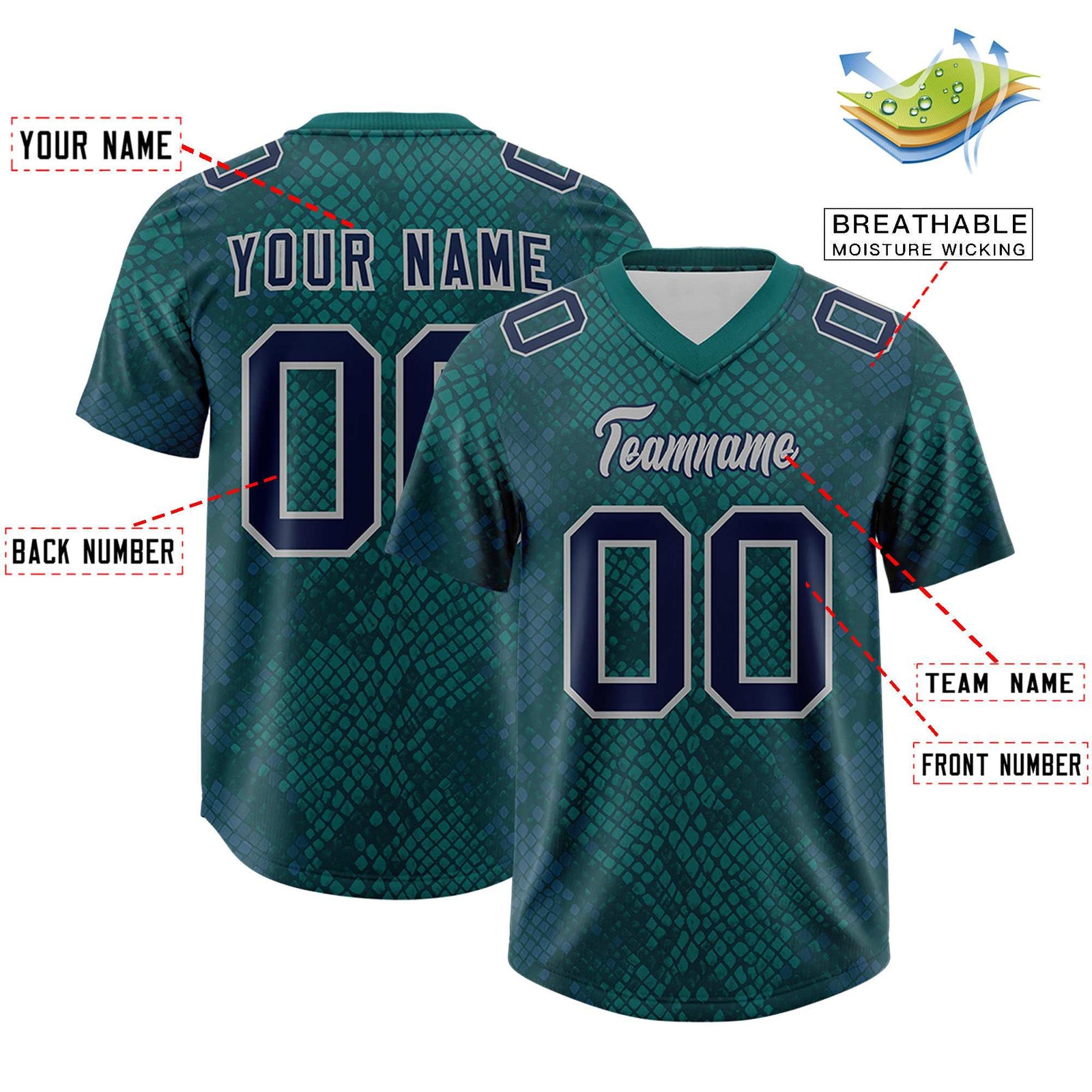 Custom Aqua Personalized Snakeskin Graffiti Pattern Authentic Football Jersey