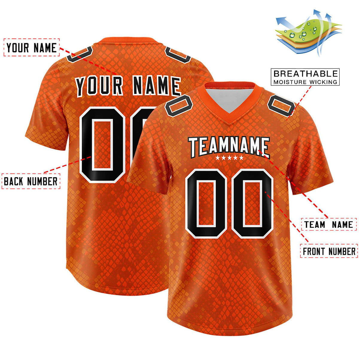 Custom Orange Personalized Snakeskin Graffiti Pattern Authentic Football Jersey