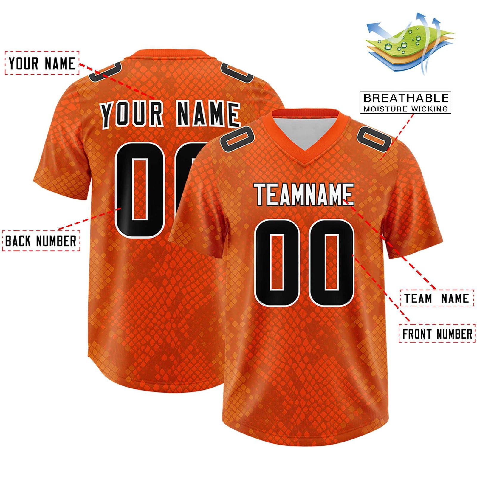 Custom Orange Personalized Snakeskin Graffiti Pattern Authentic Football Jersey