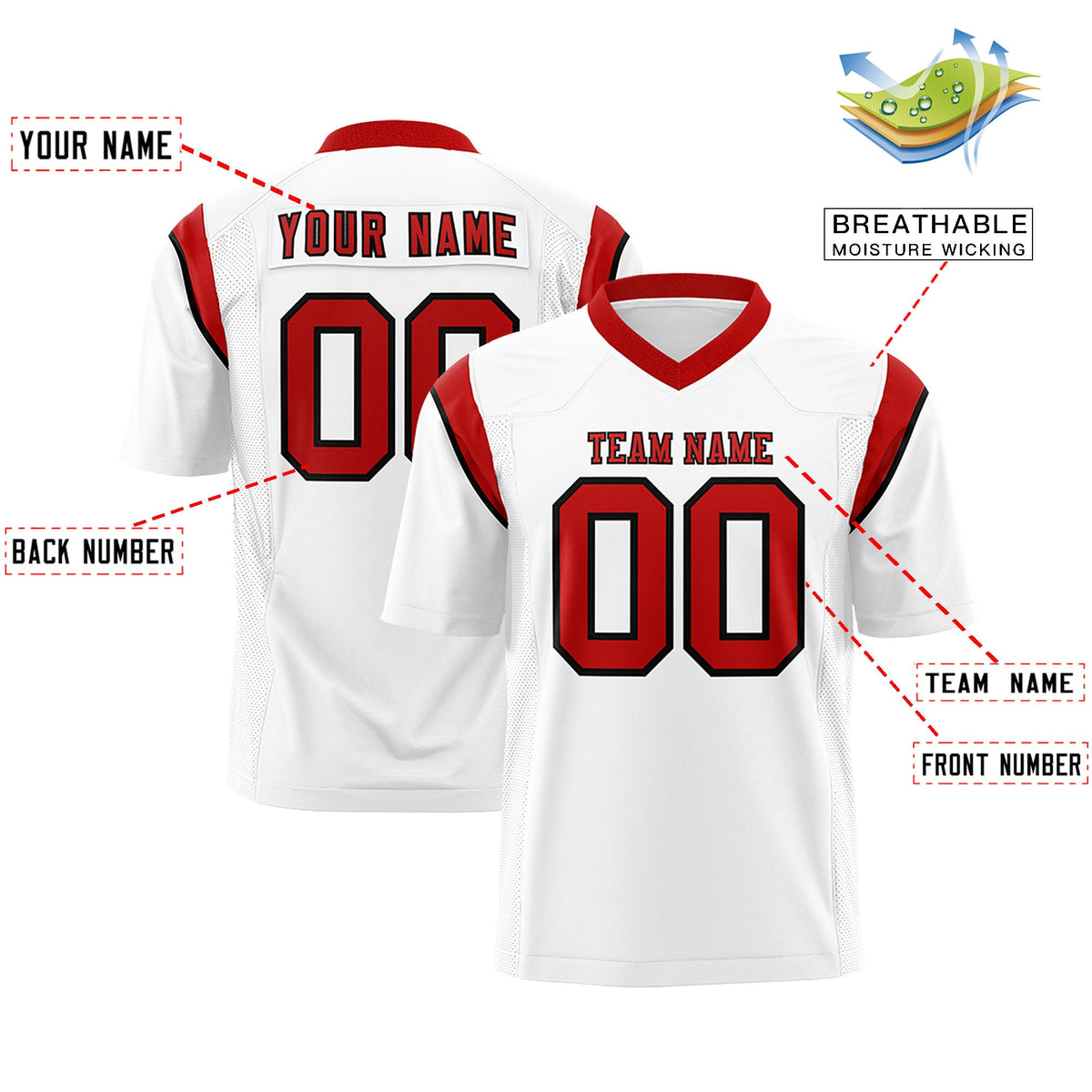 Custom Flag Football Jersey | White Red Color Block For Youth &amp; Men | Add Name, Number &amp; Logo | KXKSHOP