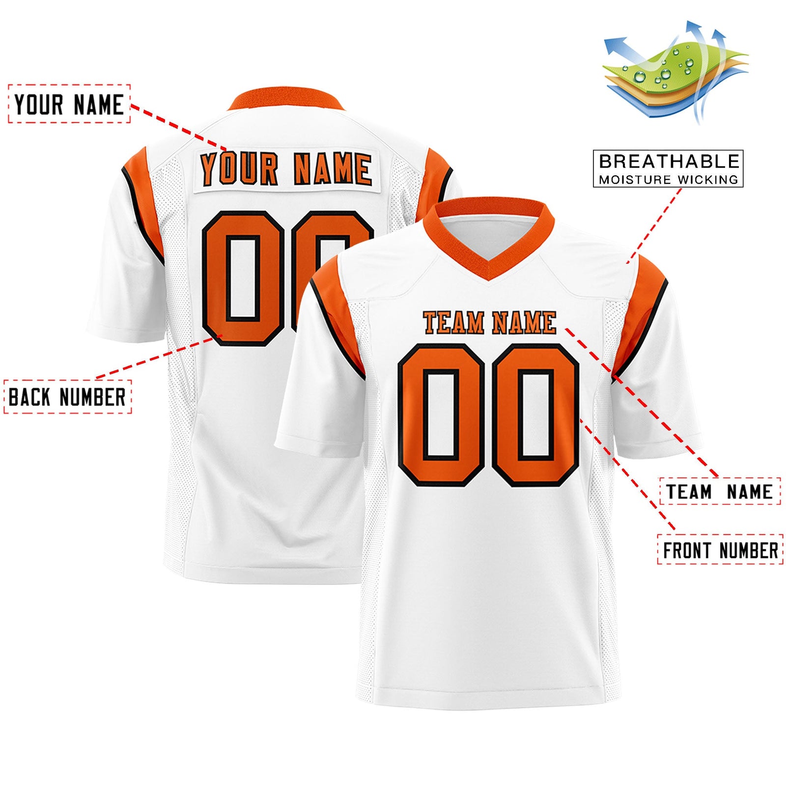 Custom Flag Football Jersey | White Orange Color Block For Youth & Men | Add Name, Number & Logo | KXKSHOP