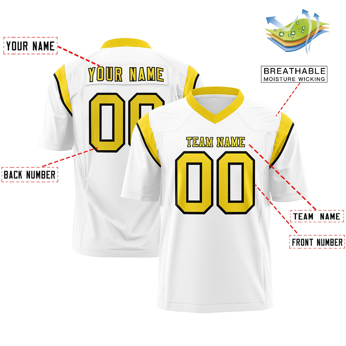 Custom Flag Football Jersey | White Gold Color Block For Youth &amp; Men | Add Name, Number &amp; Logo | KXKSHOP